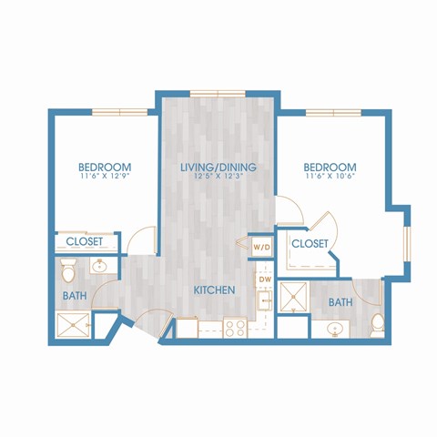 Floor plan for 2 beds, 2 baths, 930 sqft